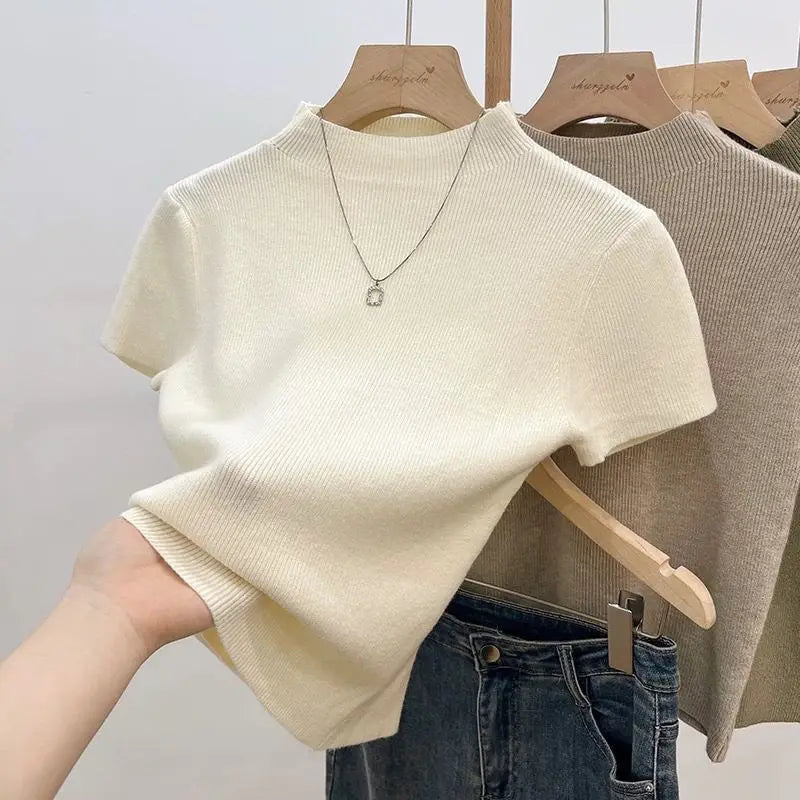 2025 Basic Turtleneck Solid Thin Summer Pullover Women Female Knitted Sweater Slim Short Sleeve Bodycon Sweater