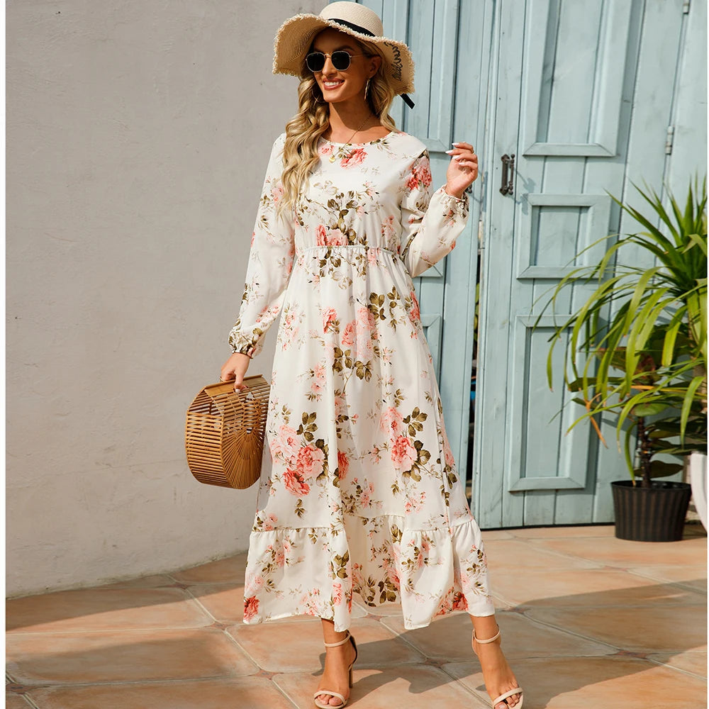 2025 Sping Summer Bohemian Women Maxi Dress Casual Long Sleeve High Waist Beach Woman Chiffon Dresses Floral Vestidoes Mujer New