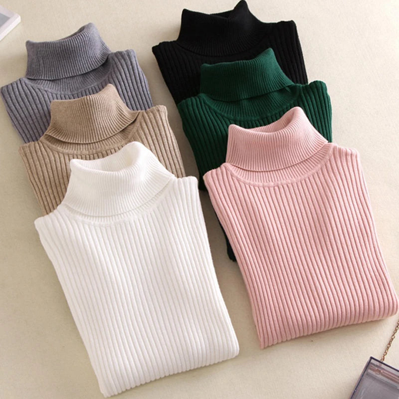 Autumn Winter Women Knit Solid Turtleneck Pull Sweater Casual Rib Jumper Tops Female Home Pullover Y2K Clothing 2025