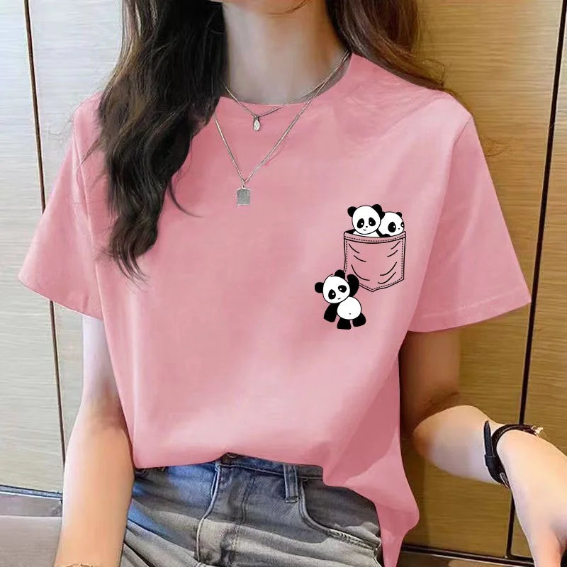 Women Short Sleeve Top Summer New Pocket Panda Cartoon Printed T-shirt Korean Fashion Women Tops Loose Round Neck T Shirt Women