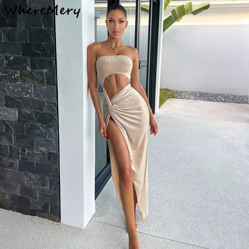 WhereMery Sexy Sleeveless Slit Dress Hollow Out Elegant Skinny Women Long Dresses Summer 2024 Fashion Ladies Party Club Vestidos