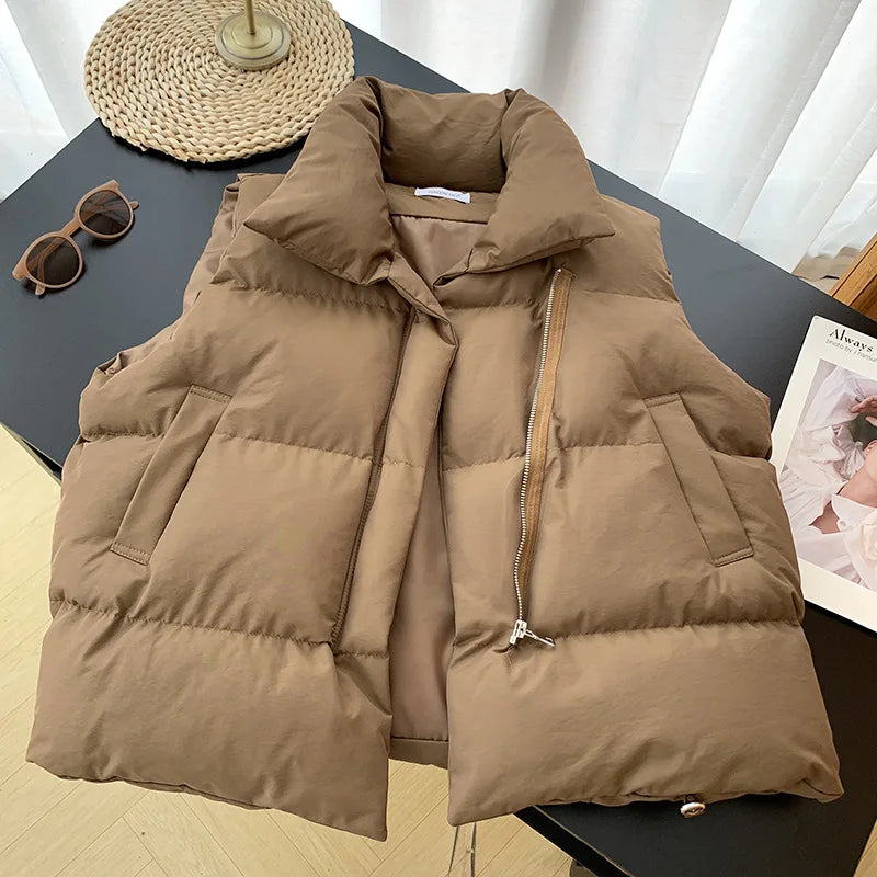 Women Fashion Autumn New 2025 Stand Collar Elegant Down Coats Warm Outerwear Casual Belt Sleeveless Winter Women Vests Jackets