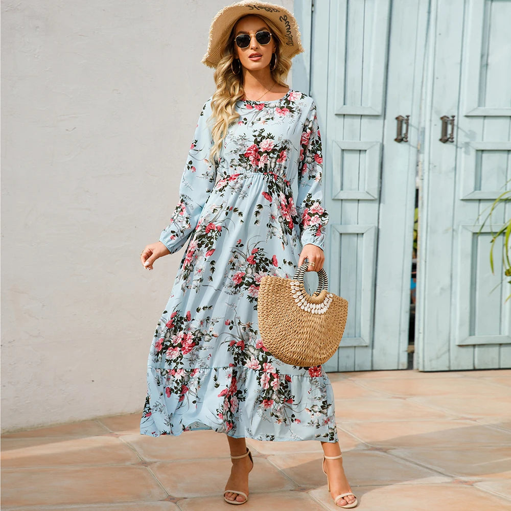 2025 Sping Summer Bohemian Women Maxi Dress Casual Long Sleeve High Waist Beach Woman Chiffon Dresses Floral Vestidoes Mujer New