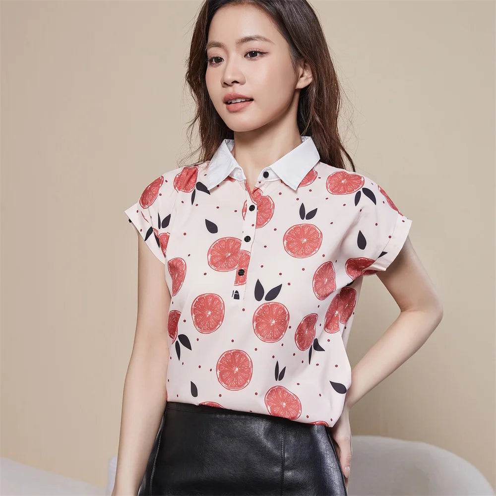 Women Spring Summer Style Chiffon Blouses Shirt Lady Casual Short Sleeve Turn-down Collar Printed Casual Loose Tops DF3548