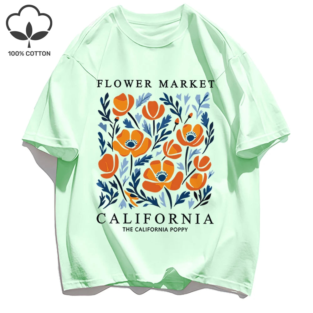 Yellow Flowers Market California Print T-Shirt Woman Soft Cotton Tee Top O-Neck Casual T Shirt Crewneck Sports Short Sleeve
