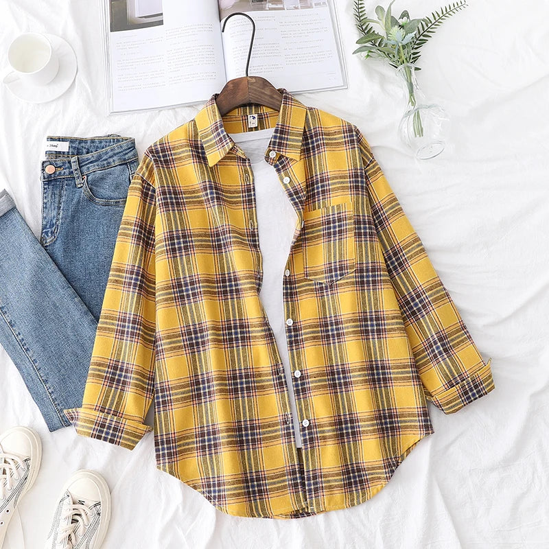 2025 New Fashion Loose Womens Plaid Shirt Fresh College Style Design Blouses And Tops Long Sleeve Casual Female Checked Clothes