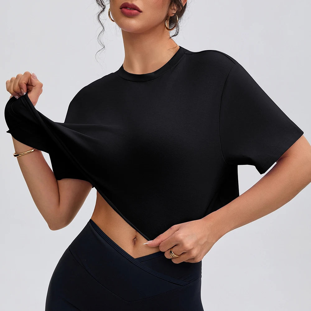 Anfilia Women Fashion Yoga Shirts Loose Fitting Crew Neck Short Sleeves 95% Cotton Breathable Gym Fitness Running Crop Tops
