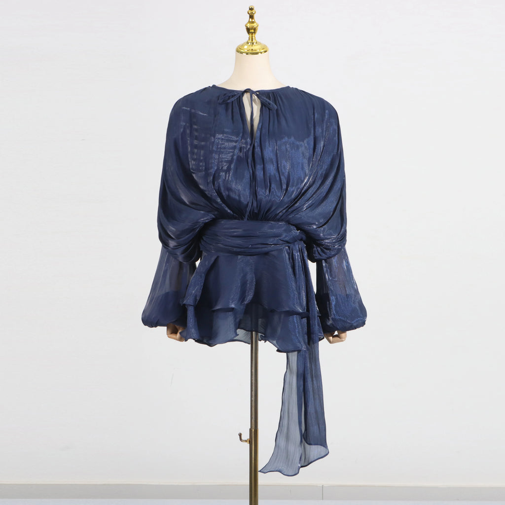 KBQ Solid Patchwork Lace Up Loose Dresses For Women O Neck Long Sleeve High Waist Spliced Folds Temperament Dress Female Fashion