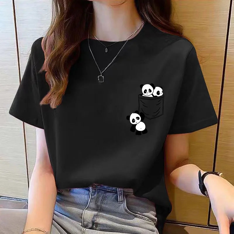 Women Short Sleeve Top Summer New Pocket Panda Cartoon Printed T-shirt Korean Fashion Women Tops Loose Round Neck T Shirt Women