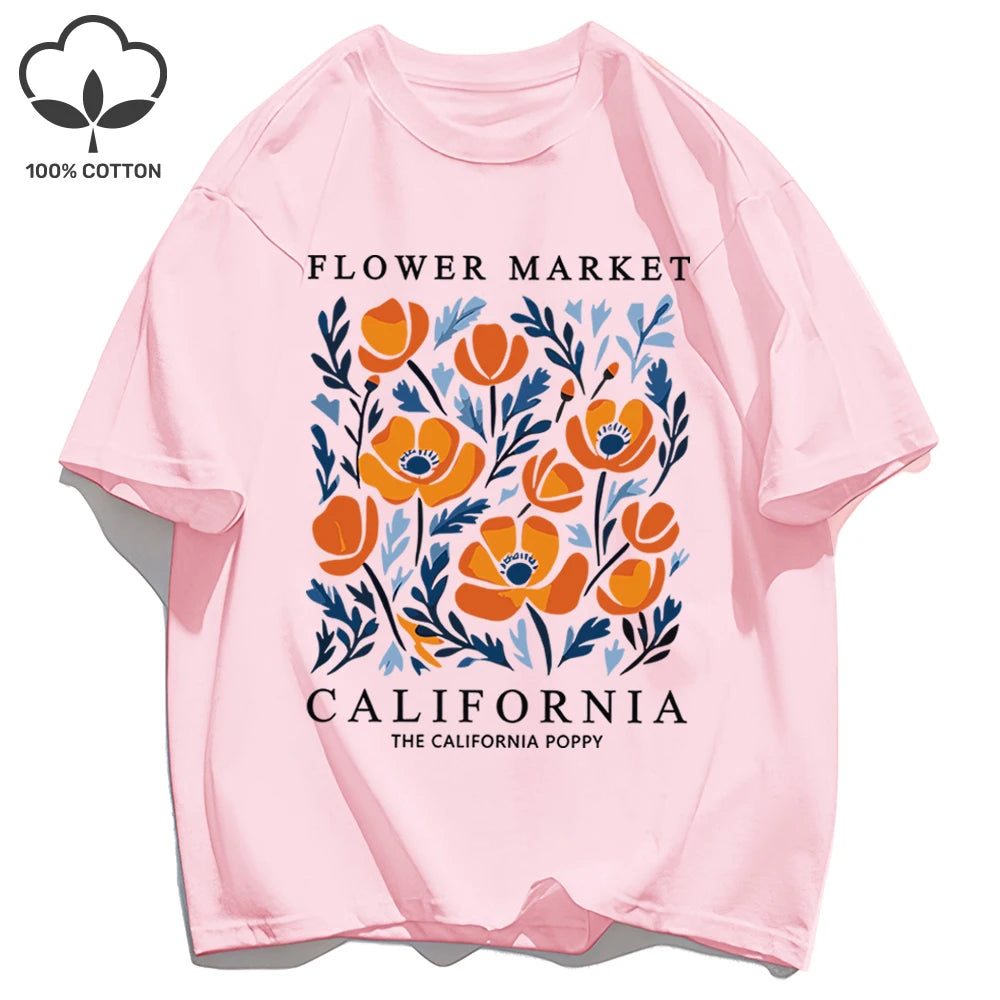 Yellow Flowers Market California Print T-Shirt Woman Soft Cotton Tee Top O-Neck Casual T Shirt Crewneck Sports Short Sleeve