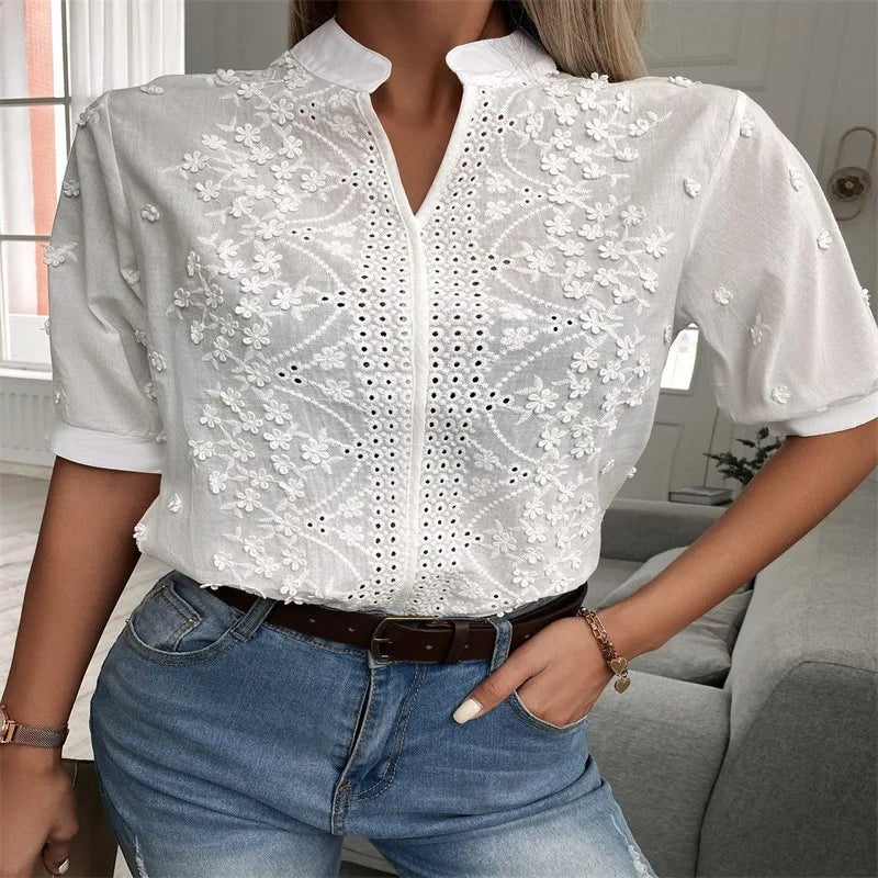 2025 Summer Elegant Short Sleeve White Shirt Vintage Tops Crochet Hollow Blouses For Women Fashion 2024 Cotton Female Clothing