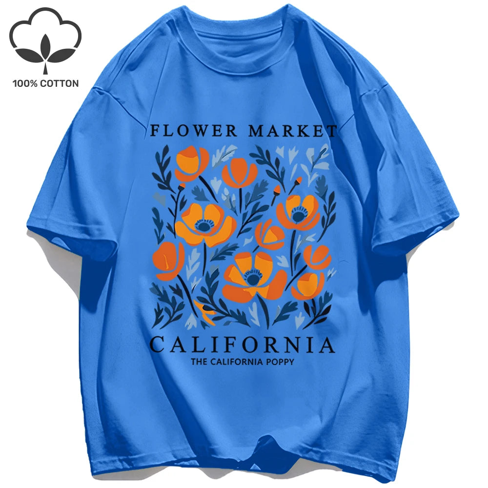 Yellow Flowers Market California Print T-Shirt Woman Soft Cotton Tee Top O-Neck Casual T Shirt Crewneck Sports Short Sleeve