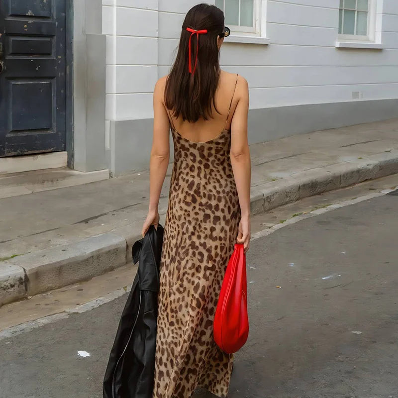 Vintage Leopard Print Sexy Cami Dress Women V Neck Sleeveless Party Dress Fashion 2024 Summer Streetwear Dress