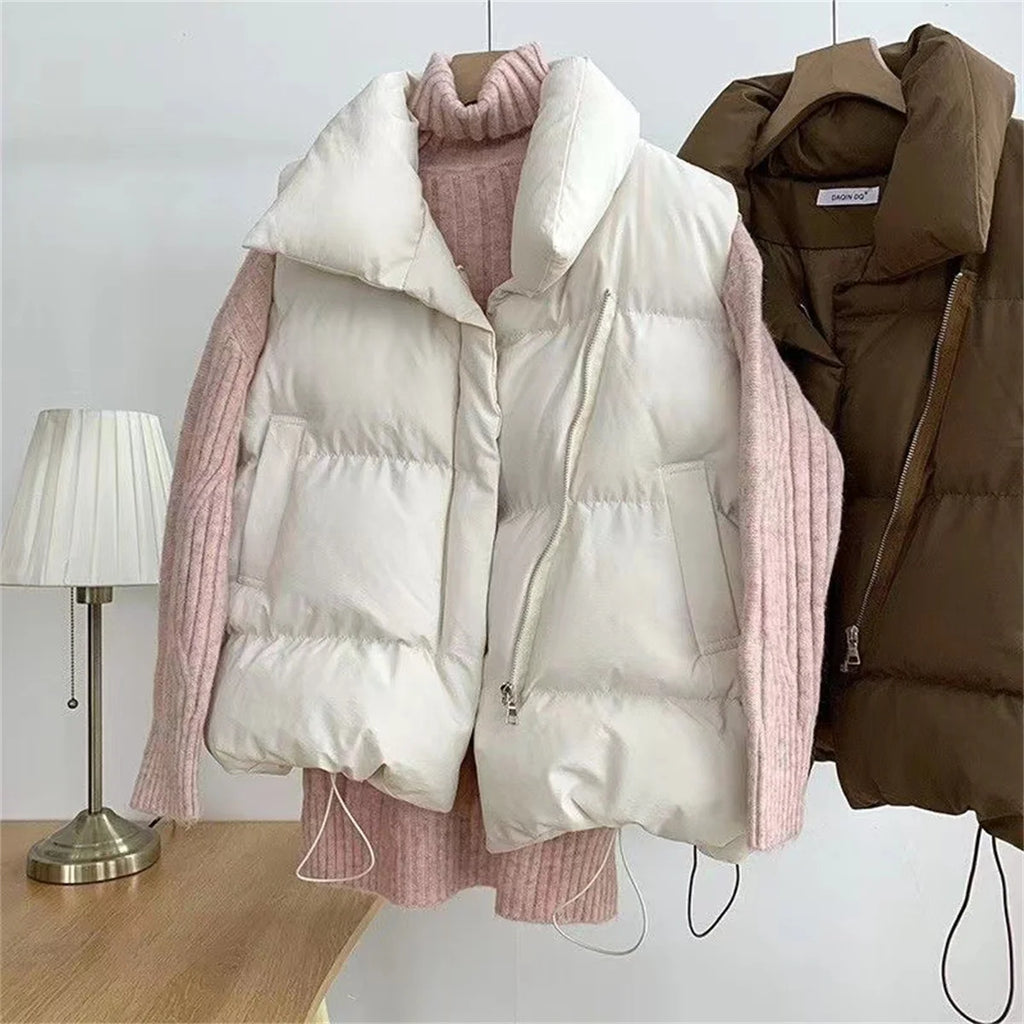 Women Fashion Autumn New 2025 Stand Collar Elegant Down Coats Warm Outerwear Casual Belt Sleeveless Winter Women Vests Jackets