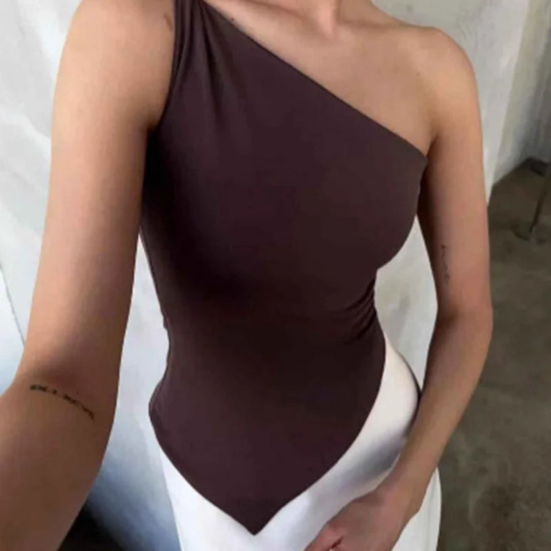 2025 New Fashionable Casual Women's T-Shirt Solid Color Single Shoulder Asymmetrical Slim Fit Top One-Piece Neck