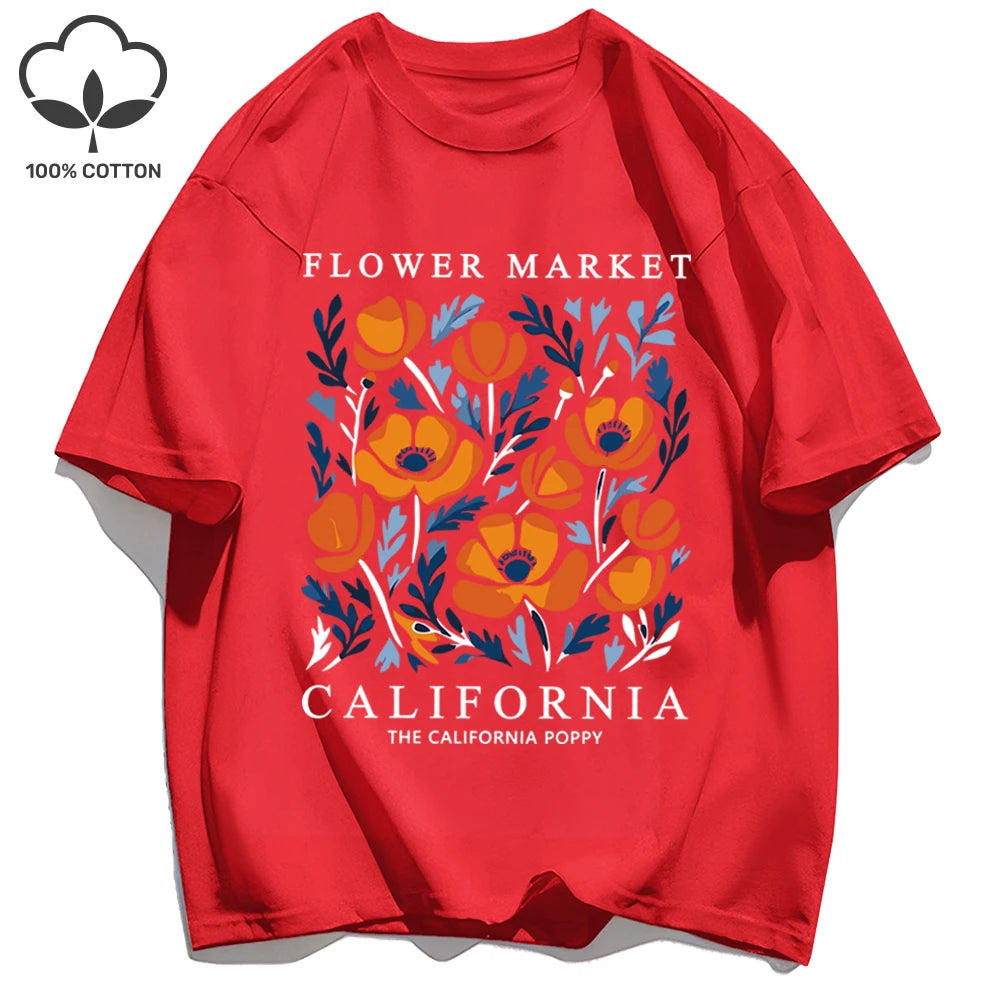 Yellow Flowers Market California Print T-Shirt Woman Soft Cotton Tee Top O-Neck Casual T Shirt Crewneck Sports Short Sleeve