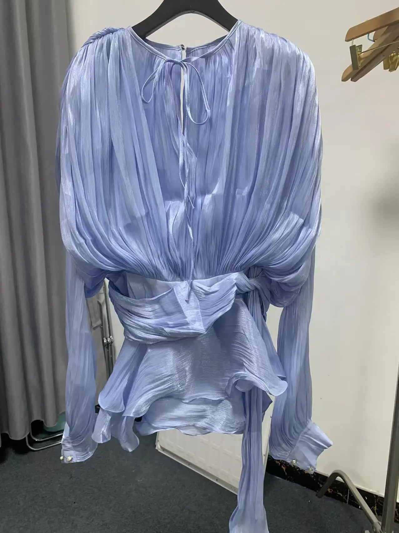 KBQ Solid Patchwork Lace Up Loose Dresses For Women O Neck Long Sleeve High Waist Spliced Folds Temperament Dress Female Fashion