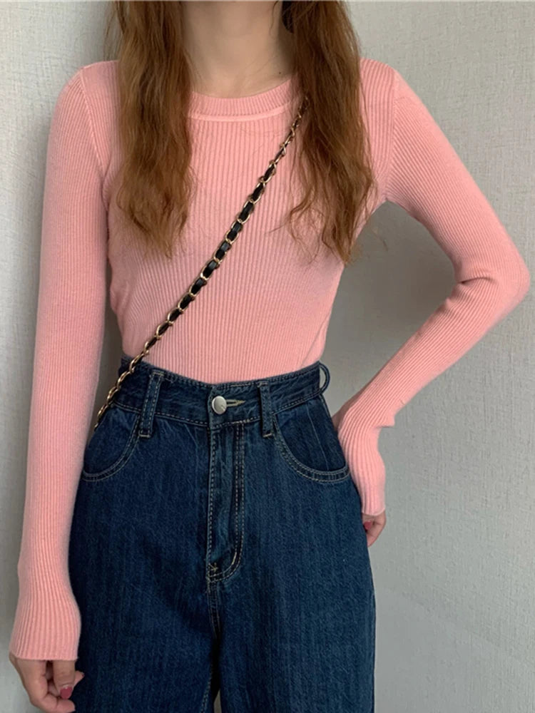 2025 New Women Sweater Autumn Winter Long Sleeve Pullover Basic Top Fashion O-neck Elastic Female Winter Solid Knitted Jumper
