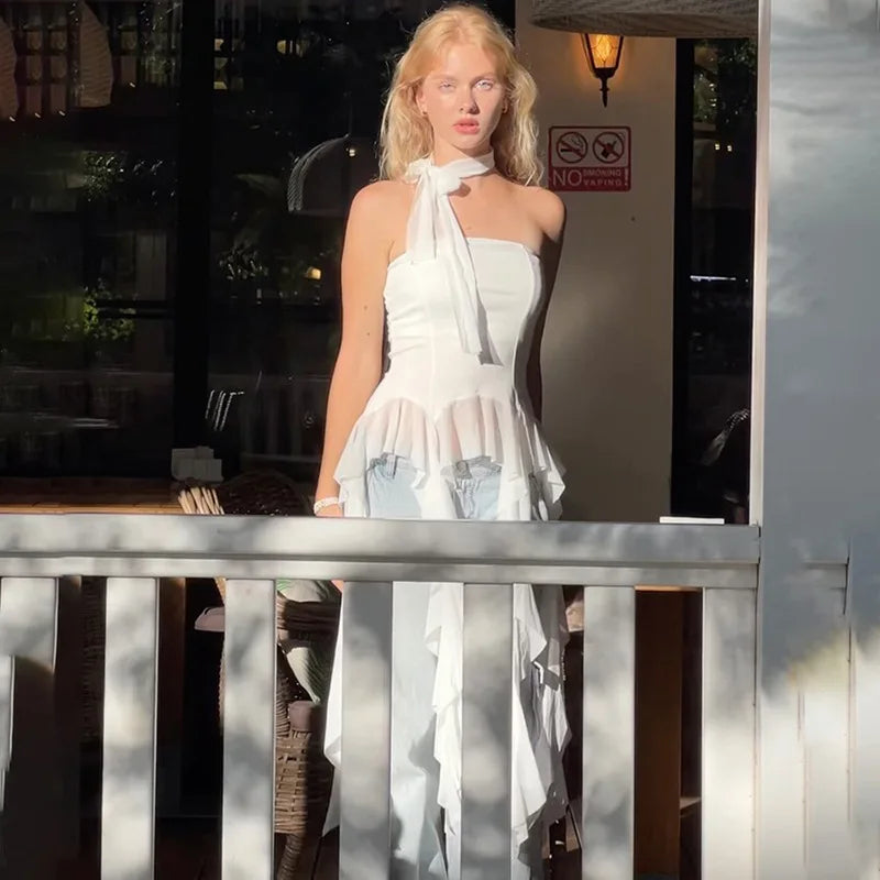 Sexy Off Shoulder Crop Tops Spring Summer Halter Sleeveless Streetwear Y2K White Solid Tank Top Casual Evening Party Club Tees