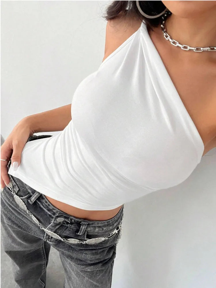 2025 New Fashionable Casual Women's T-Shirt Solid Color Single Shoulder Asymmetrical Slim Fit Top One-Piece Neck