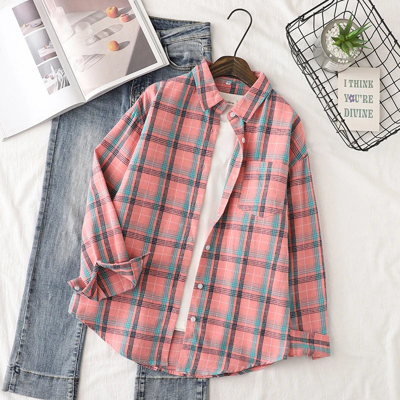 2025 New Fashion Loose Womens Plaid Shirt Fresh College Style Design Blouses And Tops Long Sleeve Casual Female Checked Clothes