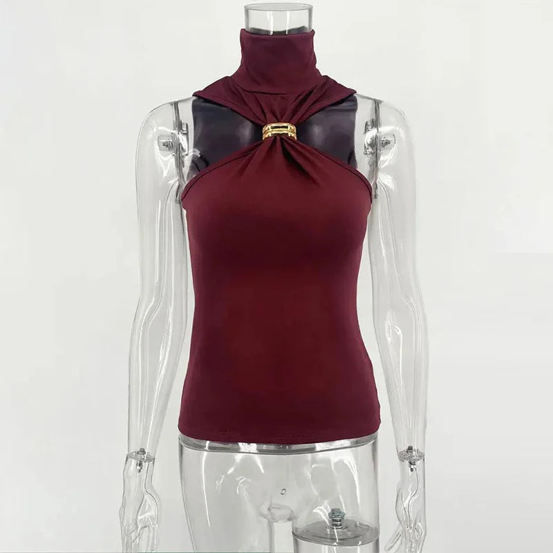 Trendix Fashion Metal Ring Tank Top Women 2025 Summer Y2k Solid Sleeveless Patchwork Tops Ladies Vacation Slim Party Elegant Top