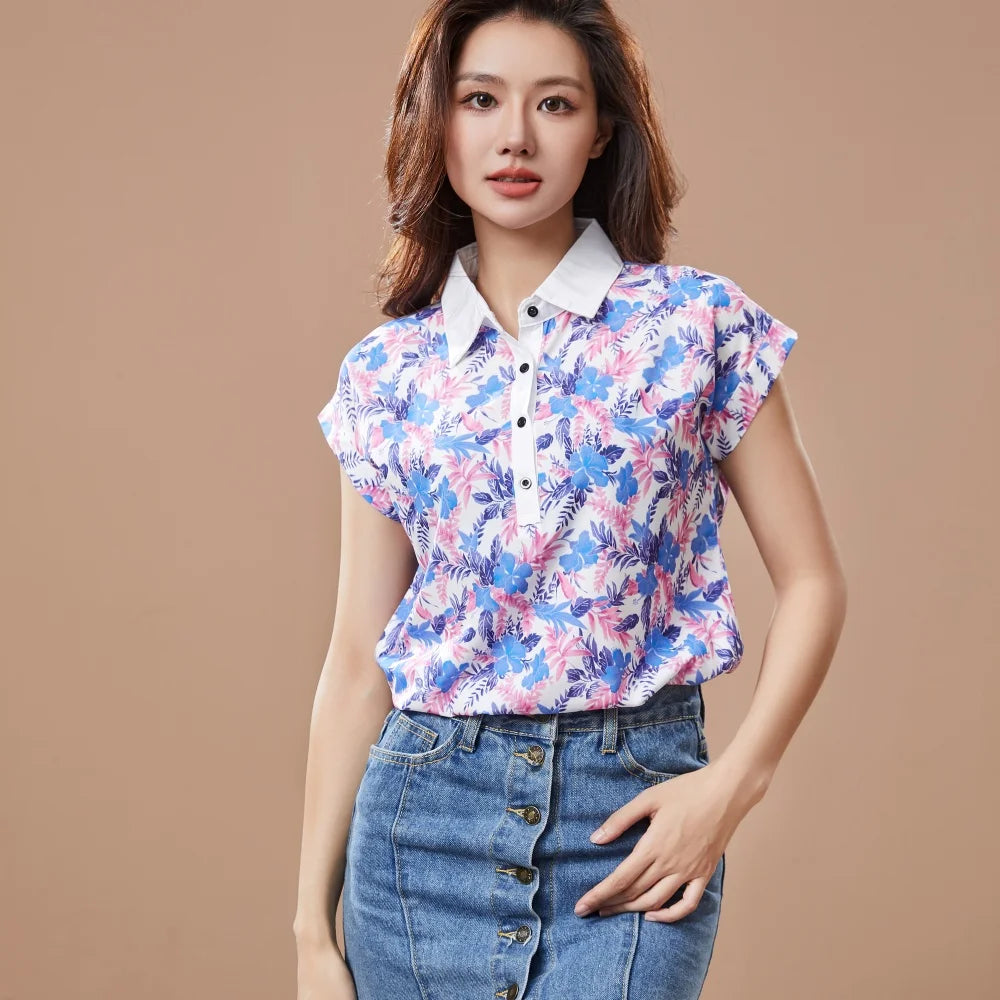Women Spring Summer Style Chiffon Blouses Shirt Lady Casual Short Sleeve Turn-down Collar Printed Casual Loose Tops DF3548