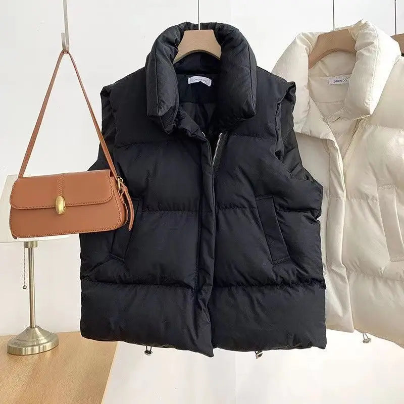 Women Fashion Autumn New 2025 Stand Collar Elegant Down Coats Warm Outerwear Casual Belt Sleeveless Winter Women Vests Jackets