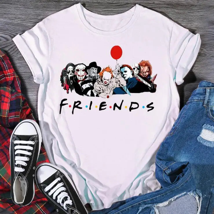 Friends T Shirt Best Stephen King Horror Characters Printed Cartoon Women Fashion Tops Oversized Tee Halloween Clothes Women