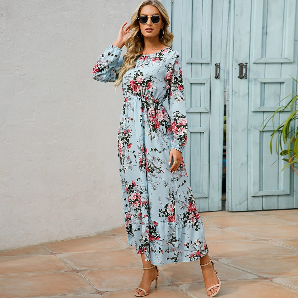 2025 Sping Summer Bohemian Women Maxi Dress Casual Long Sleeve High Waist Beach Woman Chiffon Dresses Floral Vestidoes Mujer New