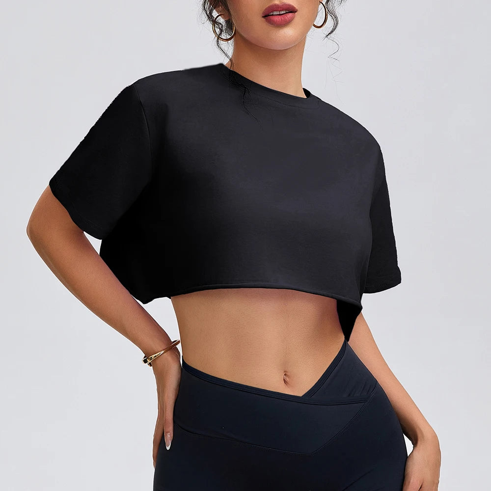 Anfilia Women Fashion Yoga Shirts Loose Fitting Crew Neck Short Sleeves 95% Cotton Breathable Gym Fitness Running Crop Tops