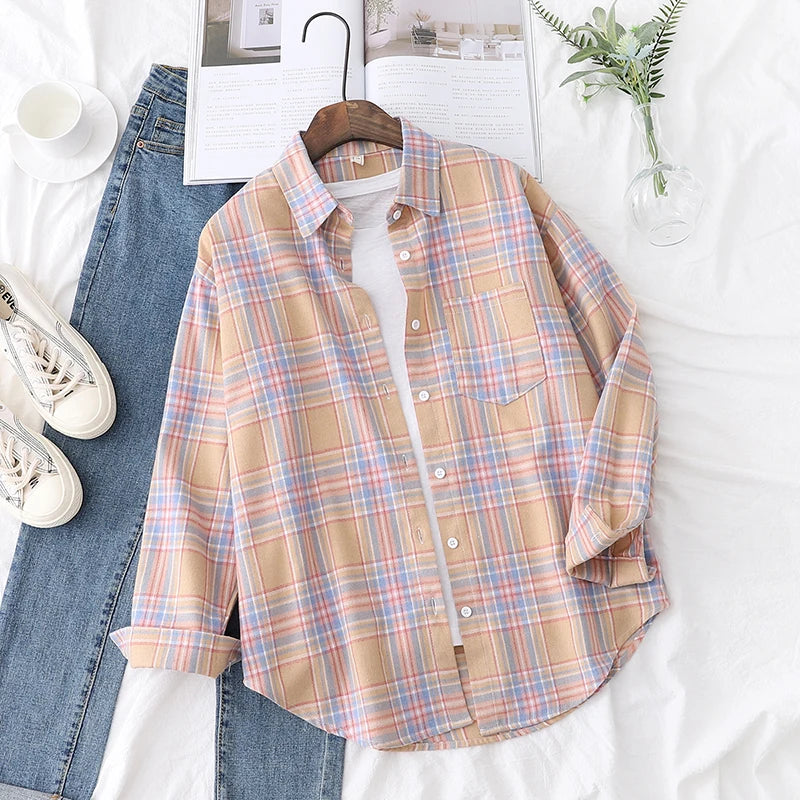 2025 New Fashion Loose Womens Plaid Shirt Fresh College Style Design Blouses And Tops Long Sleeve Casual Female Checked Clothes