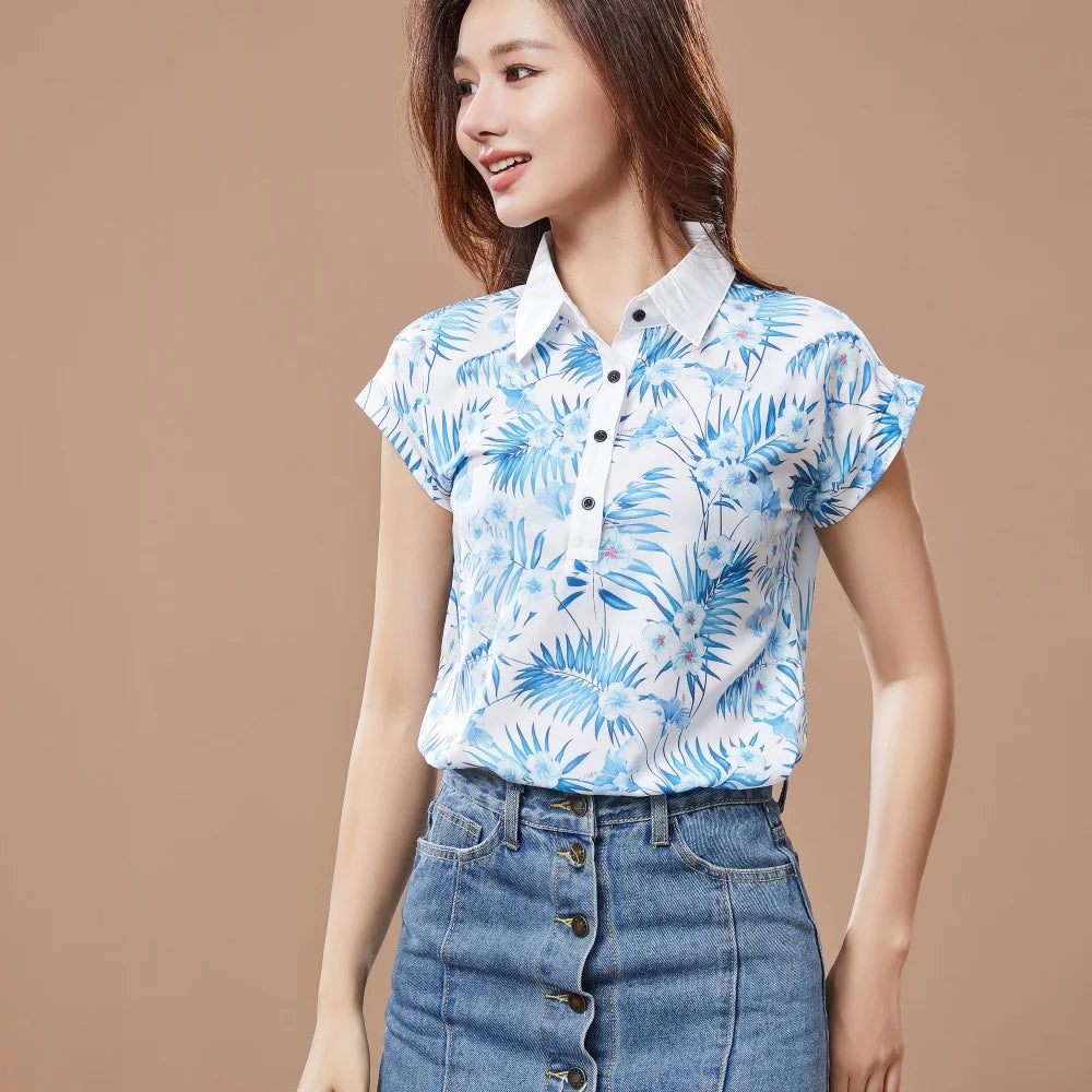 Women Spring Summer Style Chiffon Blouses Shirt Lady Casual Short Sleeve Turn-down Collar Printed Casual Loose Tops DF3548