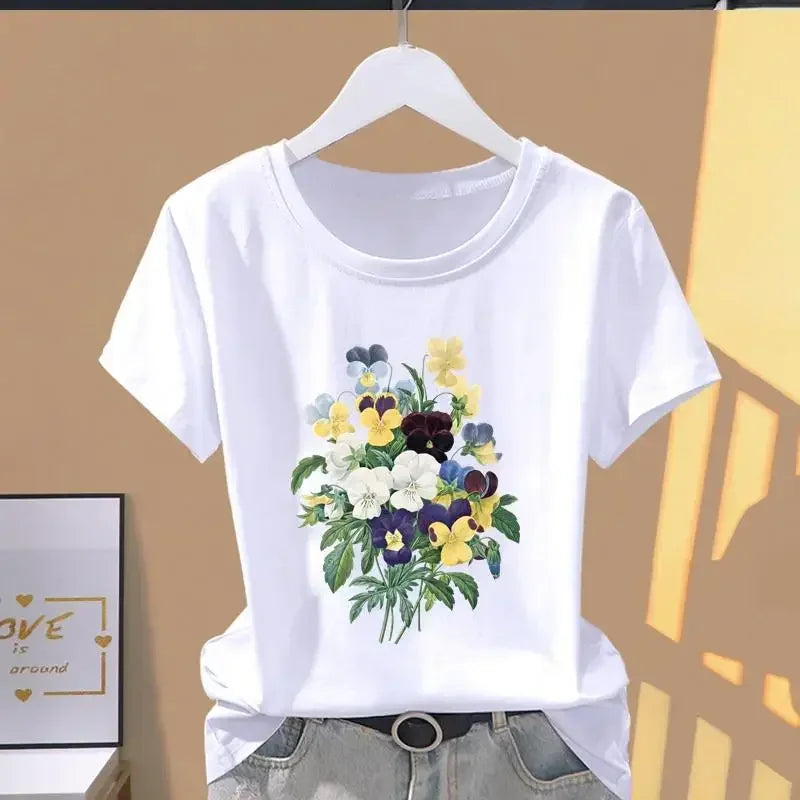 90s Y2k Women Print Floral Sports Fashion Casual Explosive Short Sleeve T-shirt Graphic Tshirts  Women Clothes  T Shirt