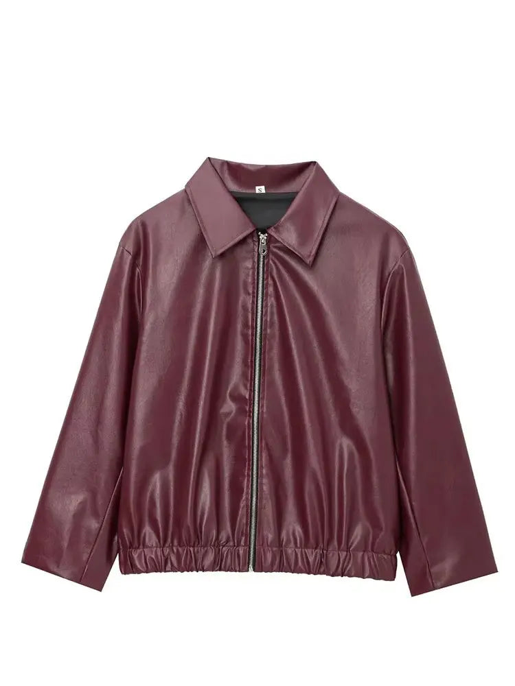 HH Wine Red Faux Leather Jakcet Fashion Outerwear Thicken Zipper Lapel Pu Coats Autumn Winter Streetwear Ladies Tops Women