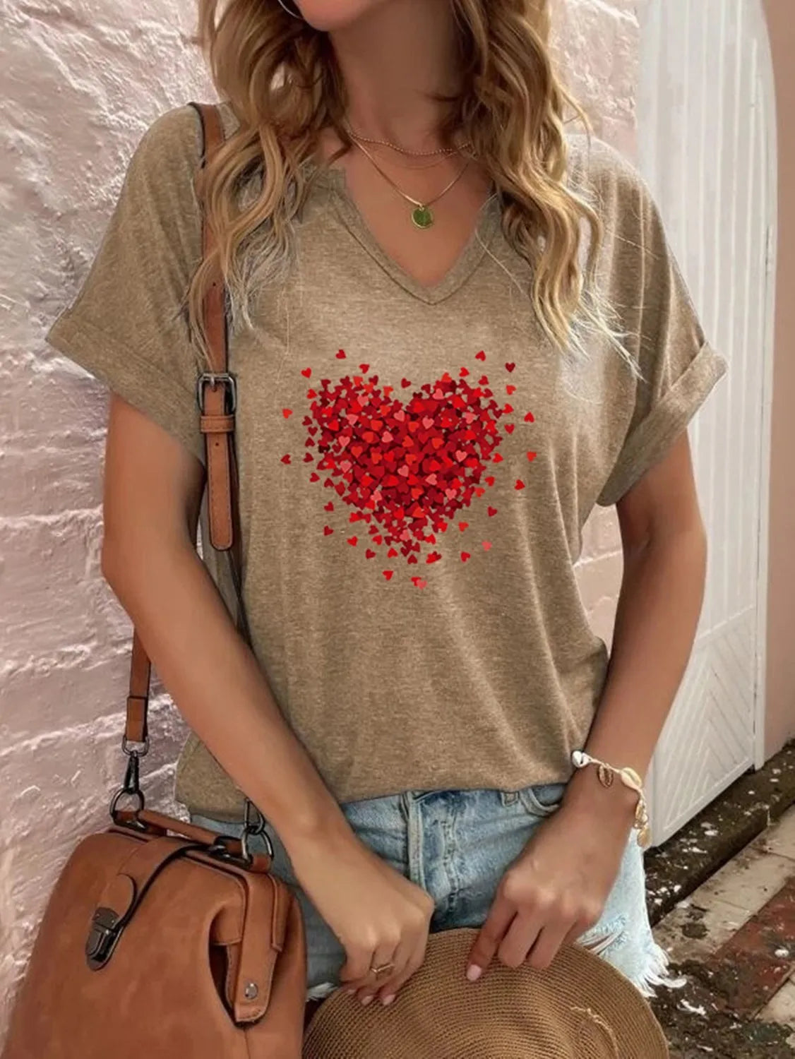 1PC Milk Silk European Style Women's Red Love Print V-neck T-shirt Blouse Short Sleeve