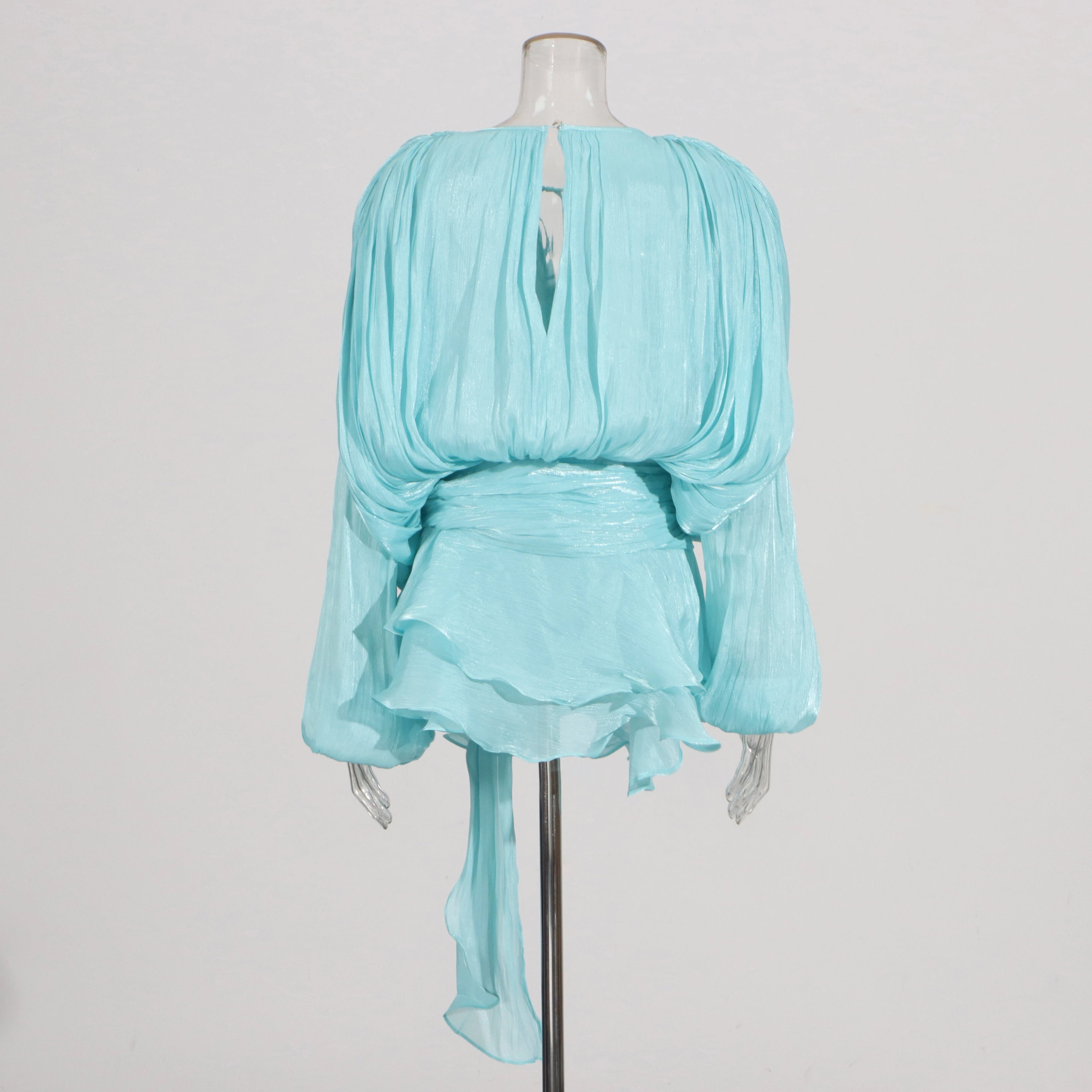 KBQ Solid Patchwork Lace Up Loose Dresses For Women O Neck Long Sleeve High Waist Spliced Folds Temperament Dress Female Fashion