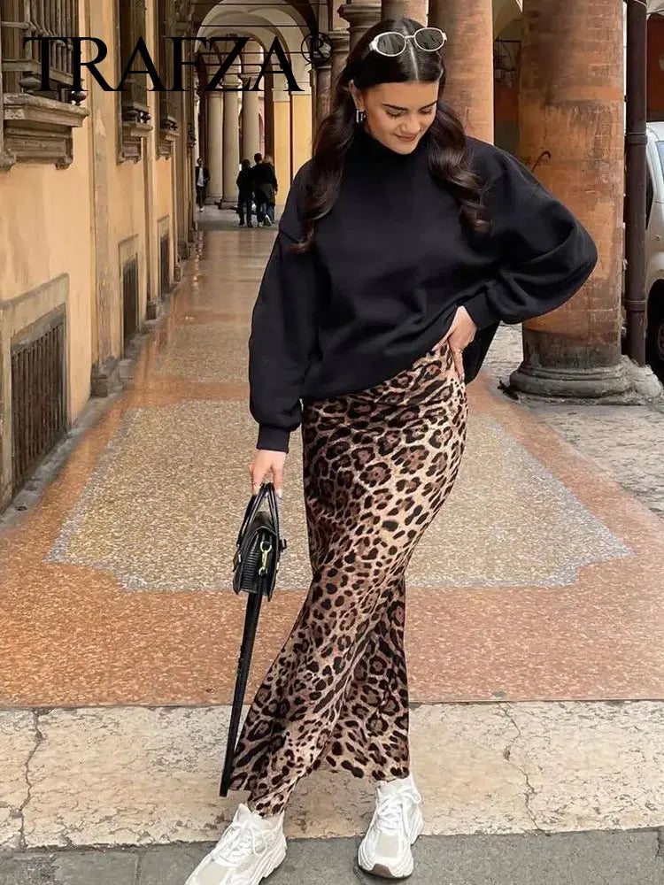 TRAFZA 2025 Women Fashion Leopard Print Skirt Vintage High Waist Midi Skirts Elegant Women Summer Casual Streetwear Skirt