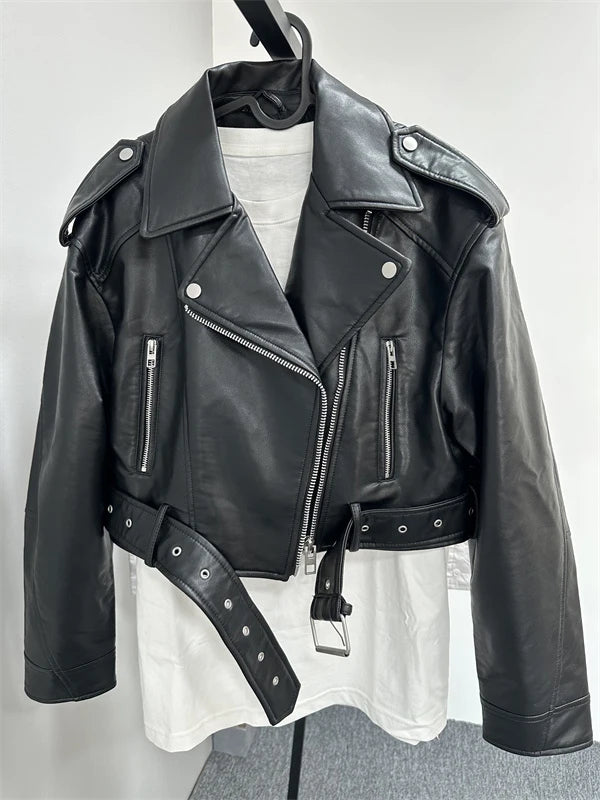 2025New Coal graysty le Women's washed leather jacket with belt, short coat with downgraded zipper and vintage lapel jacket