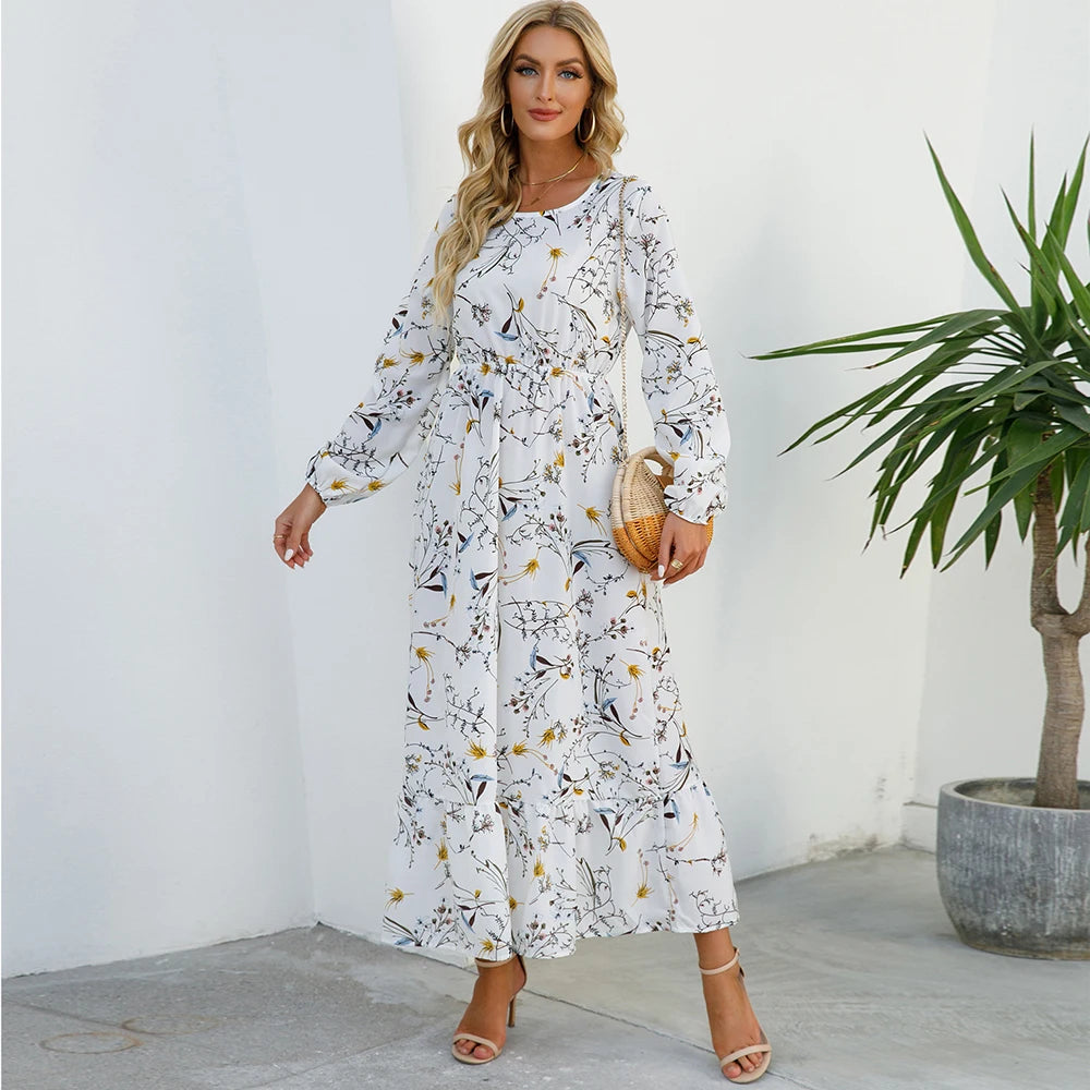 2025 Sping Summer Bohemian Women Maxi Dress Casual Long Sleeve High Waist Beach Woman Chiffon Dresses Floral Vestidoes Mujer New