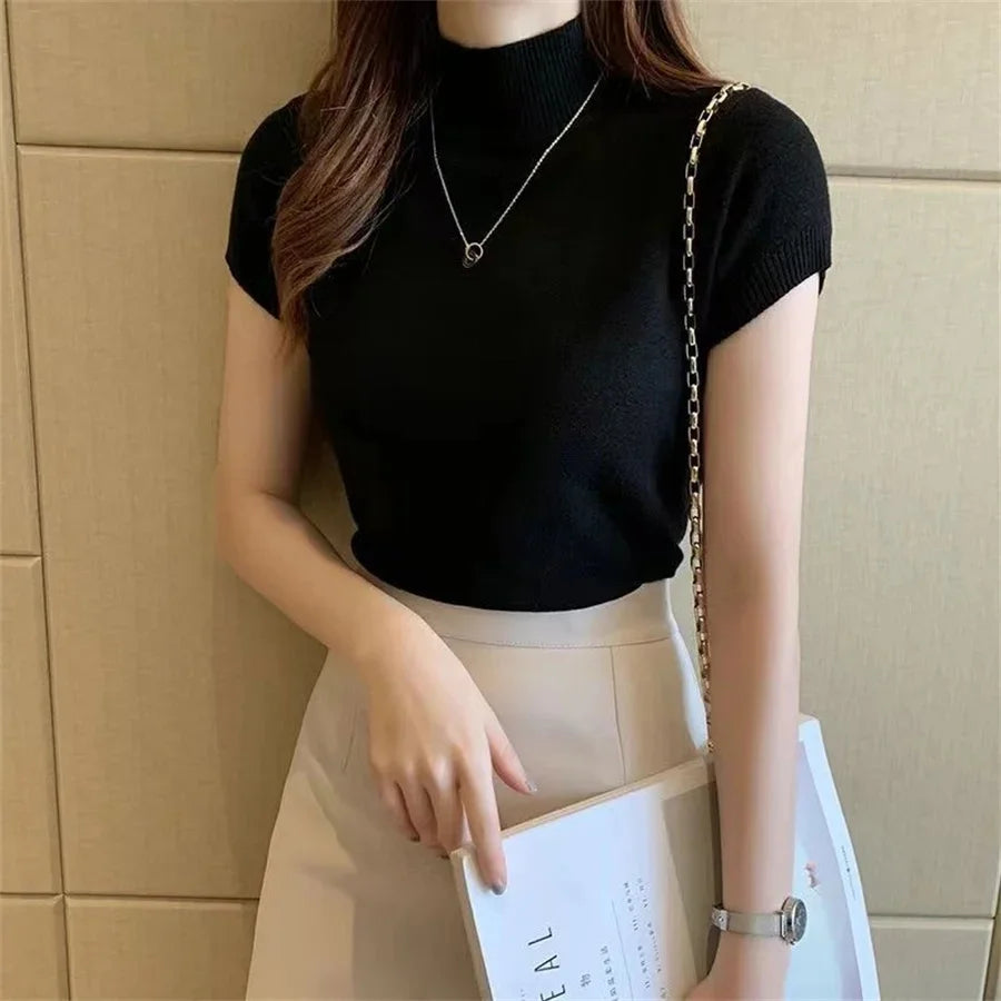 Fashion Woman Blouses Short Sleeve Summer Tops Blouse Women Turtleneck Knitted Blouse Shirt Women Tops Blouses