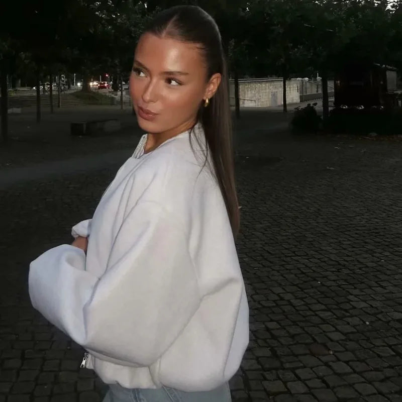 HXAO Outerwears Cropped Bomber Jacket Women Autumn Long Sleeve Faux Wool Coats For Woman Winter Zip Up Gray Beige Short Coats