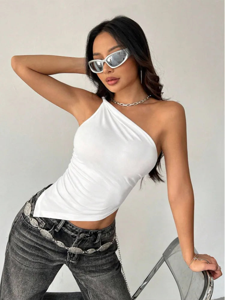 2025 New Fashionable Casual Women's T-Shirt Solid Color Single Shoulder Asymmetrical Slim Fit Top One-Piece Neck