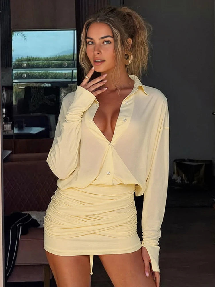 Weird Puss Ruched See Through Dress Women Patchwork Single-Breasted Full Sleeve Bandage Tassel Trend Streetwear Mini Bodycon