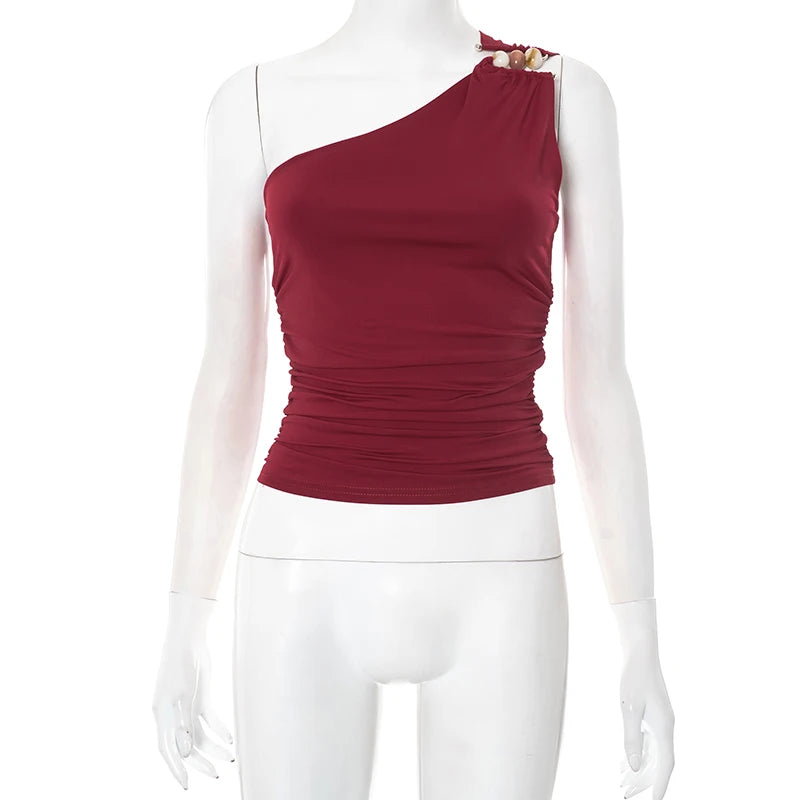 CUTENOVA 2025 New Sexy One-Shoulder Bead Link Ruched Tank Top Street Slim Light Personality American Hottie Girls Sexy Tank Tops