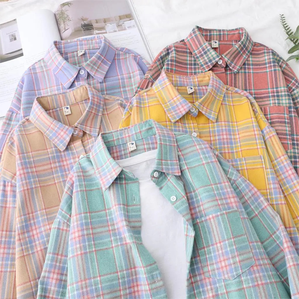 2025 New Fashion Loose Womens Plaid Shirt Fresh College Style Design Blouses And Tops Long Sleeve Casual Female Checked Clothes