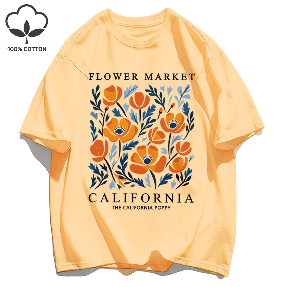 Yellow Flowers Market California Print T-Shirt Woman Soft Cotton Tee Top O-Neck Casual T Shirt Crewneck Sports Short Sleeve