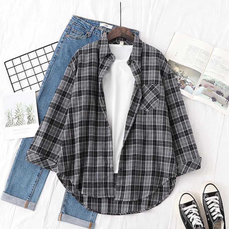 2025 New Fashion Loose Womens Plaid Shirt Fresh College Style Design Blouses And Tops Long Sleeve Casual Female Checked Clothes