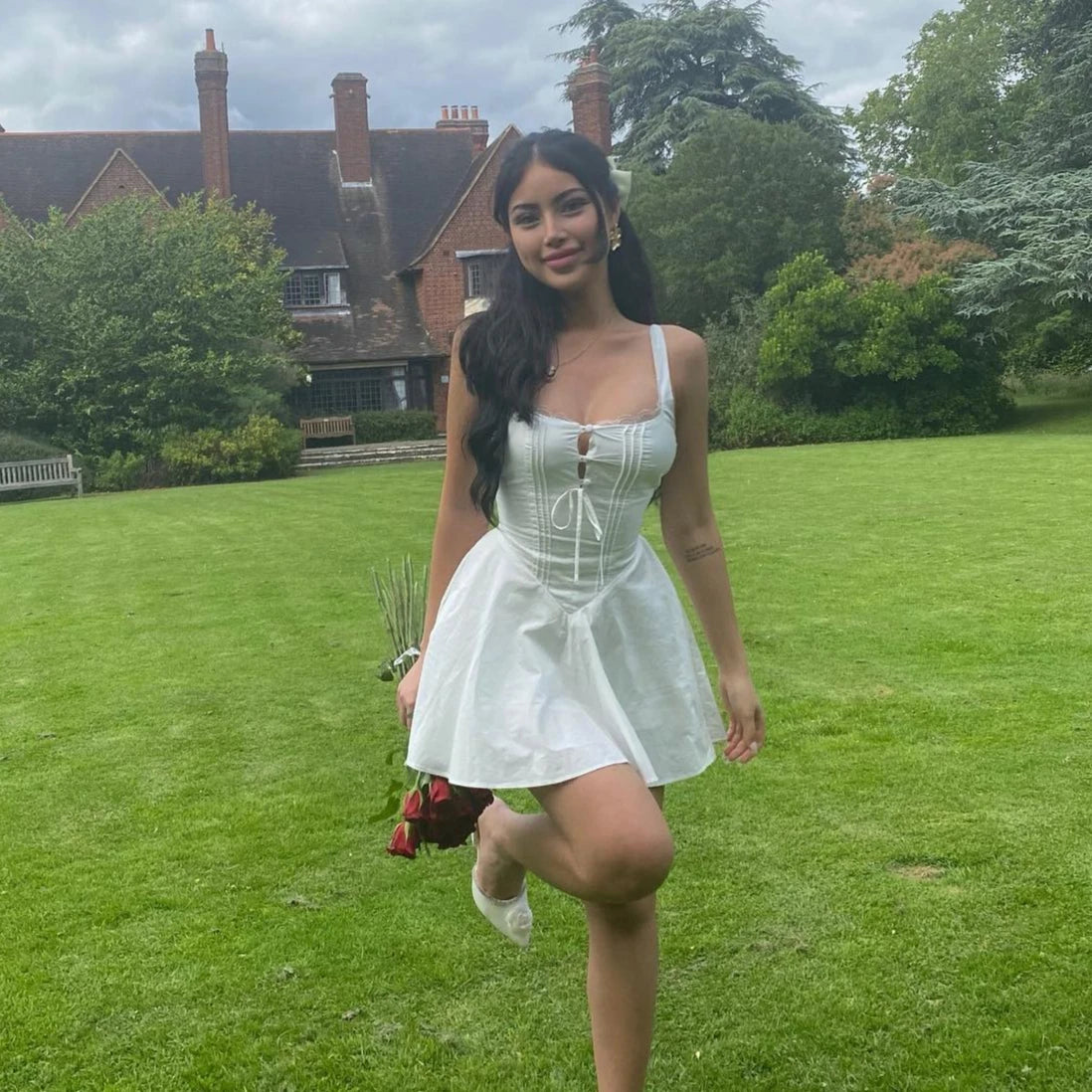 Mingmingxi  Summer Lovely A Line Dress Yellow Sexy Party Dresses Hollow Out Lace Up Elegant Holiday Dress Women