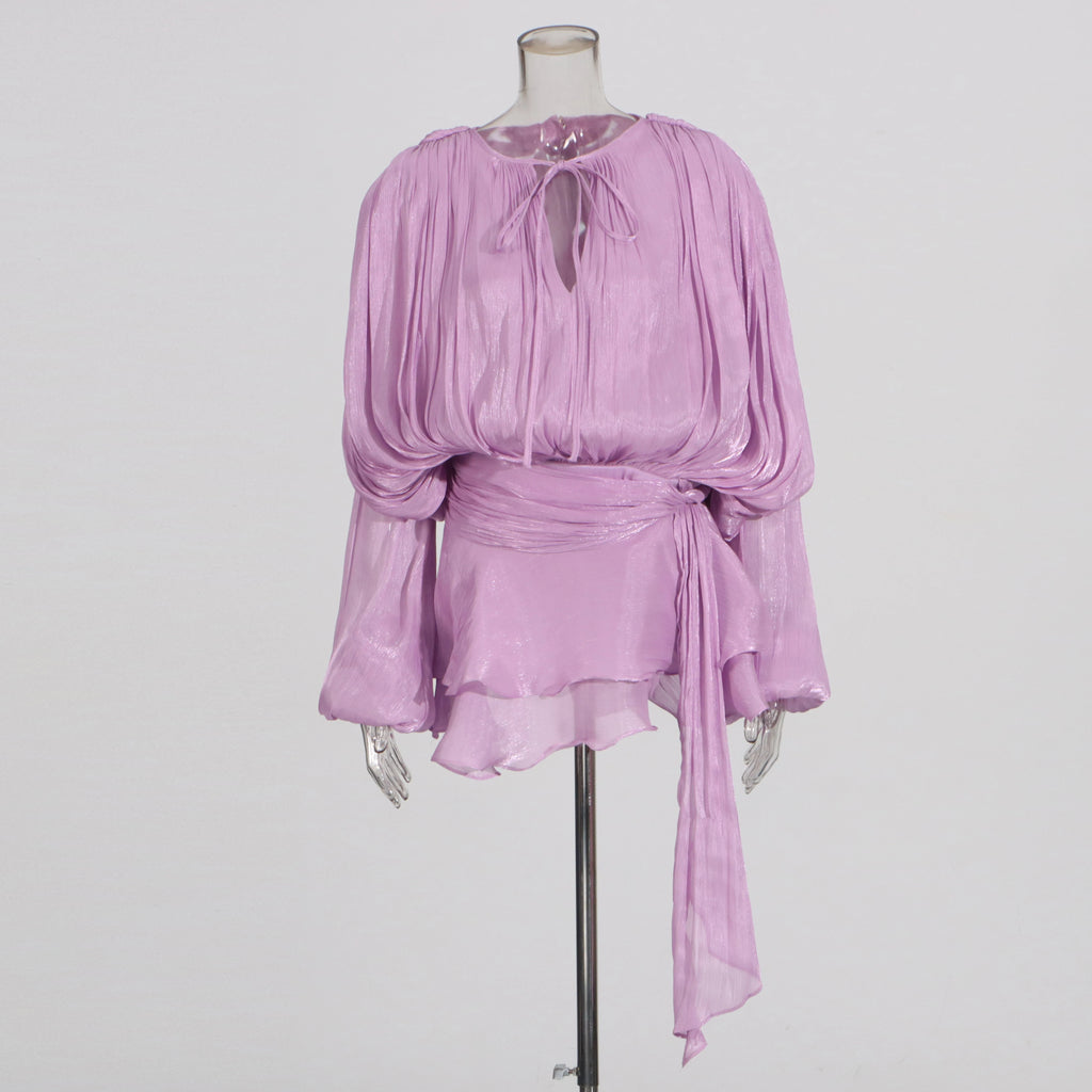 KBQ Solid Patchwork Lace Up Loose Dresses For Women O Neck Long Sleeve High Waist Spliced Folds Temperament Dress Female Fashion